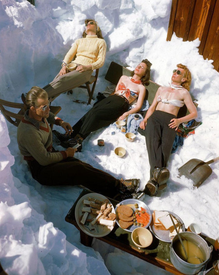 Four skiers sunbathe in the snow in Sun Valley, Idaho, 1946. (George Silk/The LIFE Picture Collection © Meredith Corporation)