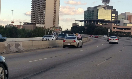 Woman hanging out of the passenger side of a car going about 60mph shaking her ass