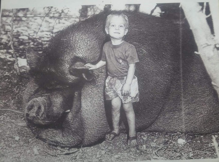 Hey son, go pose for a pic with our monster pot belly pig