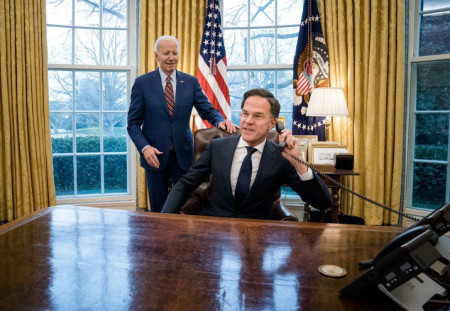 Mark Rutte (Prime Minister of the Netherlands) sitting at the Resolute desk during his recent state visit to the United States