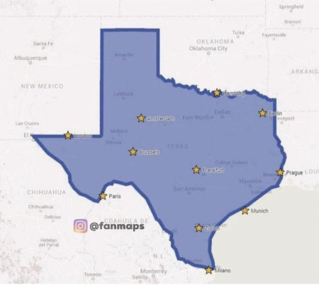 European Cities Superimposed Over Texas