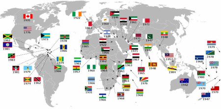 A map of former British Colonies and their year of independence