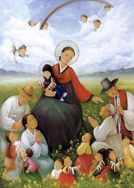 The Infant Jesus and His Holy Mother bless people across all social classes, painted by Korean Catholic artist Shim Soon-hwa