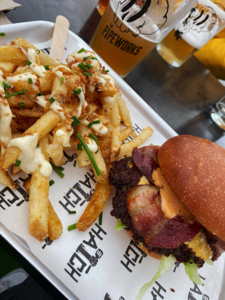 Bacon cheeseburger with garlic mayo fries