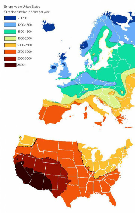 Sunshine duration in hours per year. USA and Europe