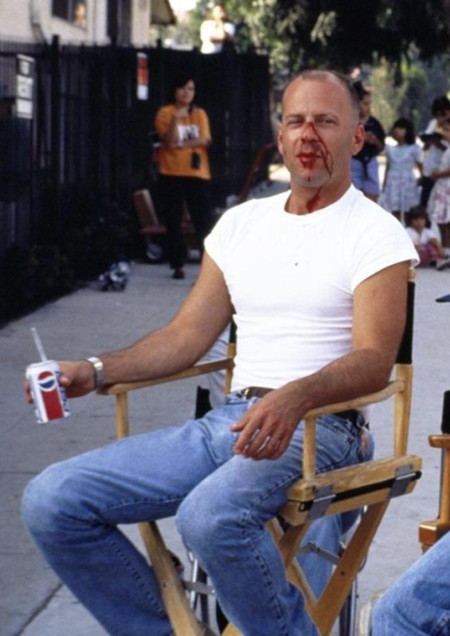 Bruce Willis drinking a Pepsi on the set of Pulp Fiction (1994)