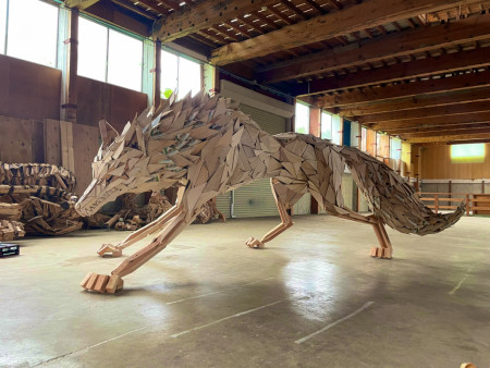 This nice wooden wolf sculpture made of shapes