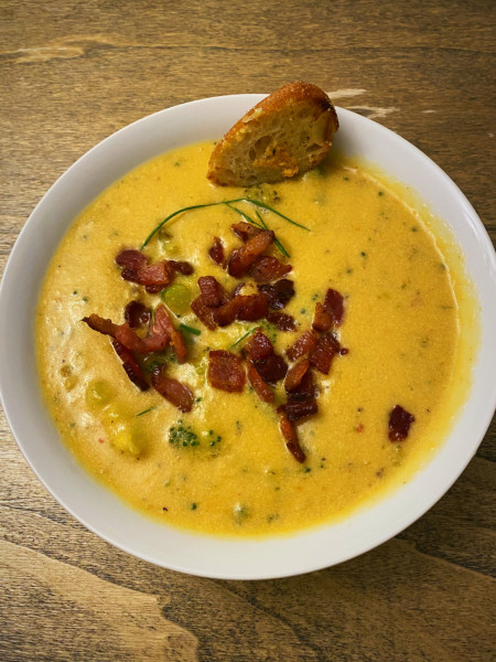 Broccoli, smoked cheddar and bacon soup