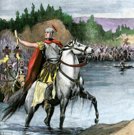 On this day 49 BC, Julius Caesar, pronouncing the famous phrase Alea iacta est (&quot;The die is cast&quot;) crosses the Rubicon with the 13th Legion