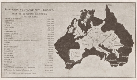 1907 map of Australia compared to Europe