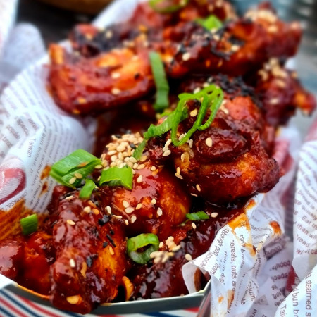 Homemade Korean fried chicken feast