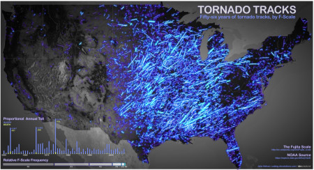 56 Years of Tornado Tracks in the United States