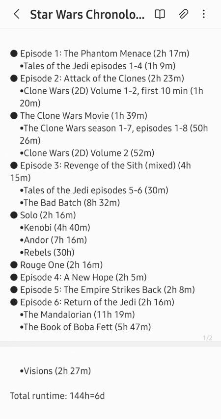 OP made a playlist of Star Wars in chronological order for his gf