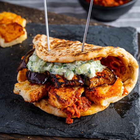 Halloumi Souvlaki with Balsamic Aubergine, Tzatziki and Sun-Dried Tomato Tapenade