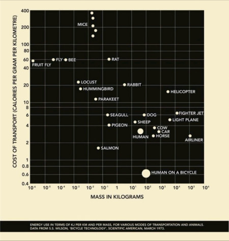 Energy use per km and per mass for different transportation modes