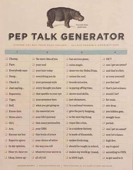 A Pep Talk Generator Guide. Useful for introverts like me in trying to start a conversation