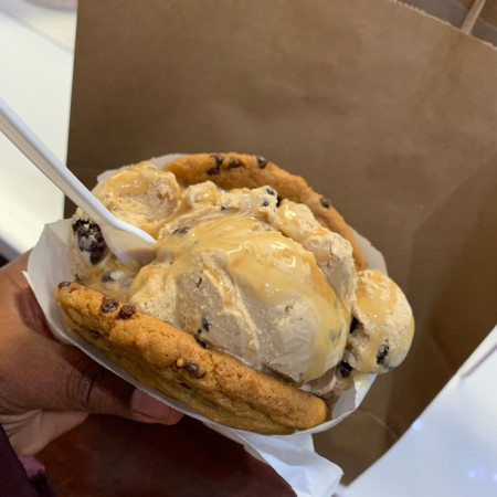 Warm cookie ice cream sandwich