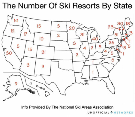 Number of Ski Resorts By State