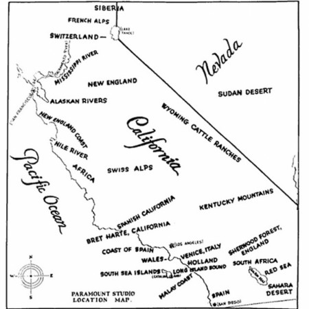 1927 Paramount Studio map of potential filming locations in California that best depict international regions