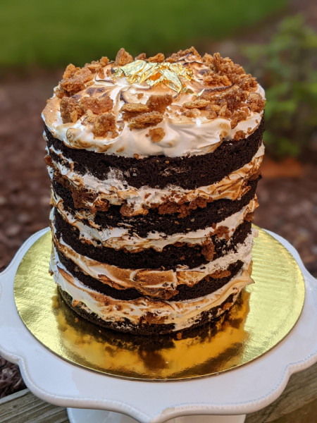 &quot;Smore&quot; cake: chocolate layers, toasted meringue, graham cracker crumble