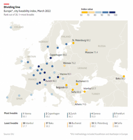 Map of Europe&#039;s city livability index, March 2022 (The Economist)