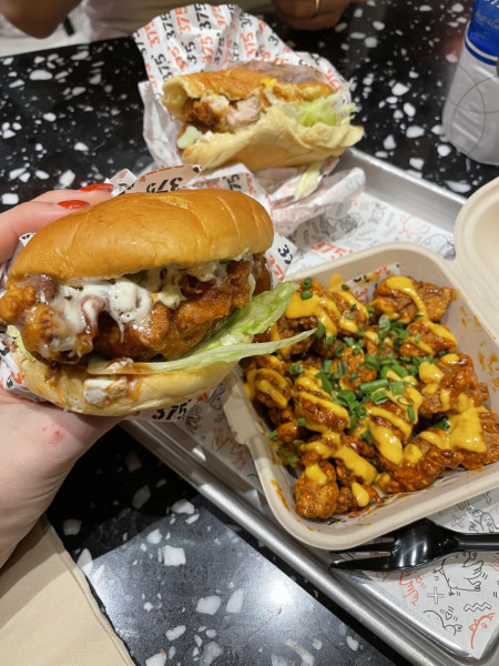 a BBQ ranch fried chicken burger and Buffalo honey chicken bites