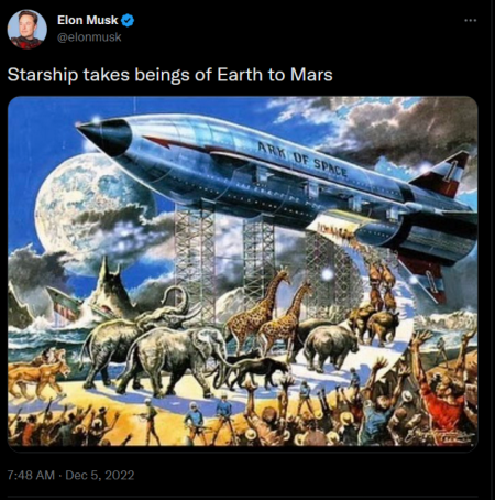 Elon Musk tweets image of spaceship ark escaping earth while a crowd is held at gunpoint