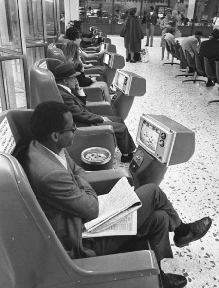 Coin operated TVs at a Greyhound bus station