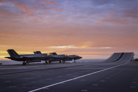 British F-35Bs on the flight deck of HMS Queen Elizabeth at sunset