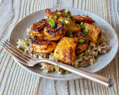 Pineapple Glazed Blackened Shrimp over Dirty Rice