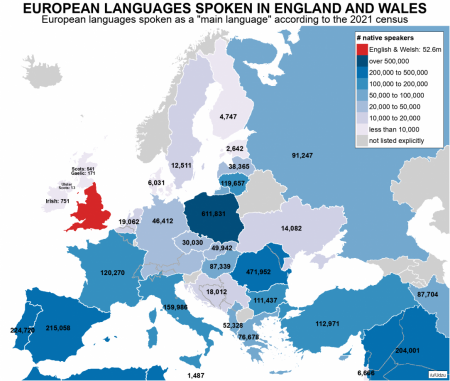 European languages spoken in England and Wales (2021 census)