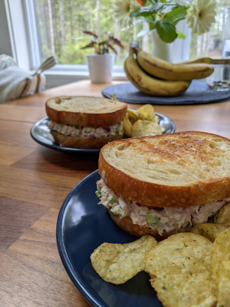 Tuna salad sandwich on toasted sourdough with onion and yogurt chips