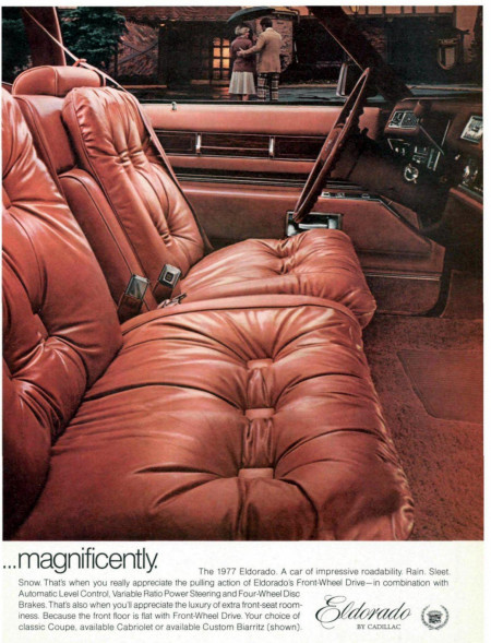 The old Cadillac&#039;s cushy sofa-like front seats and thick carpet: A living room on wheels! (1977)