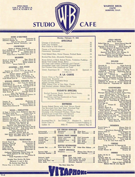 This Warner Brothers Studio Lot Cafe menu from 1941