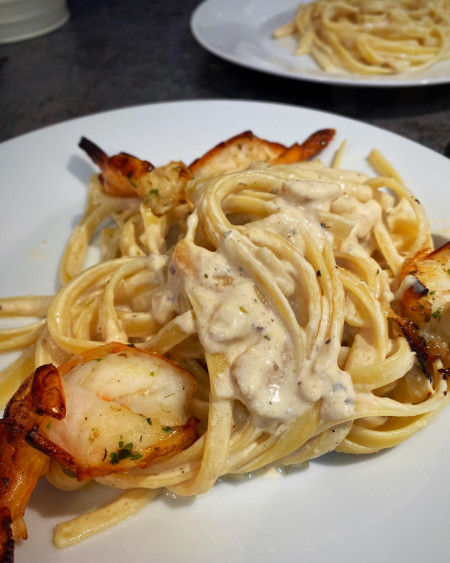 Homemade grilled shrimp fettuccine Alfredo