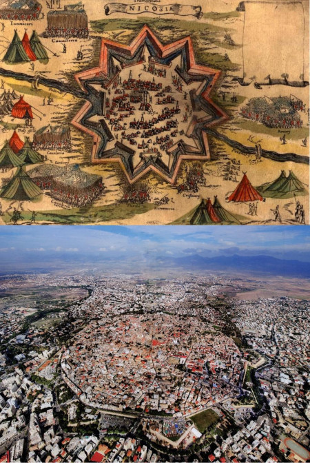 The walled city of Nicosia, Cyprus in a 16th century map, and how it looks today from above