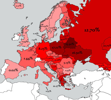 Europe by WW2 casualties as a percentage of the population