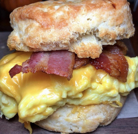 Bacon, egg, and cheese on a biscuit