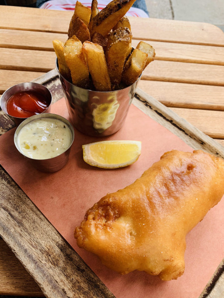 Beer battered fish and thrice cooked chips