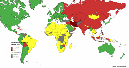 Map of the UN resolution vote on the human rights situation in Iran