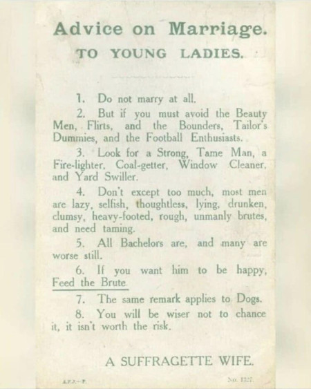 Marriage advice for young ladies from a suffragette, 1918