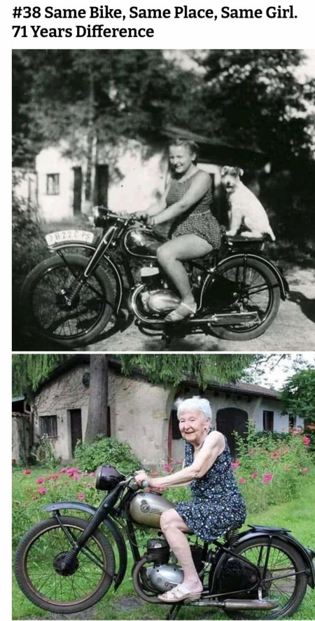 same bike, same place, same girl 71 years later: )