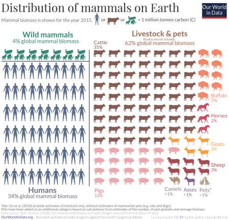 Only 4% of mammalian weight on Earth is made up of wild animals