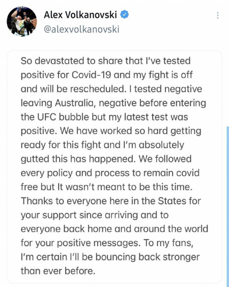 Alex Volkanovski&#039;s statement on the postponement of his fight vs Brian Ortega