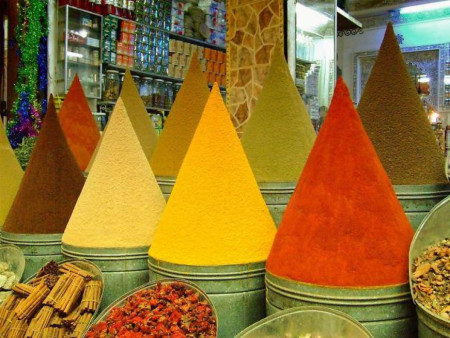 Piles of spice at a market in Marrakesh