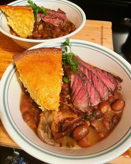 Pinto beans, sweet cornbread and steak