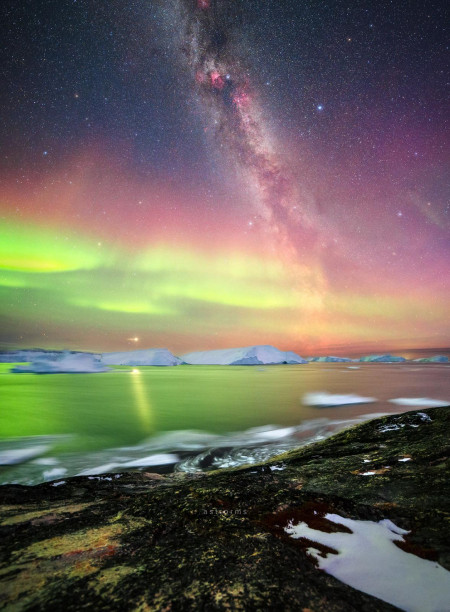 Milky Way and Aurora over Ilulissat Icefjord, Disko Bay, Greenland