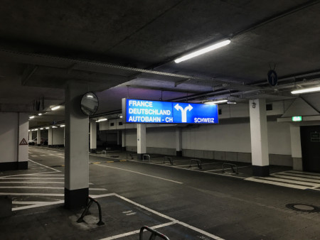 German parking garage exit in the border triangle Germany-France-Switzerland