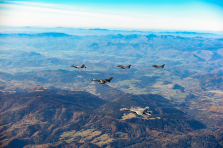 US navy, German and French air forces flying in formation during the NATO-led exercise Neptune Strike (NEST 22. 2)