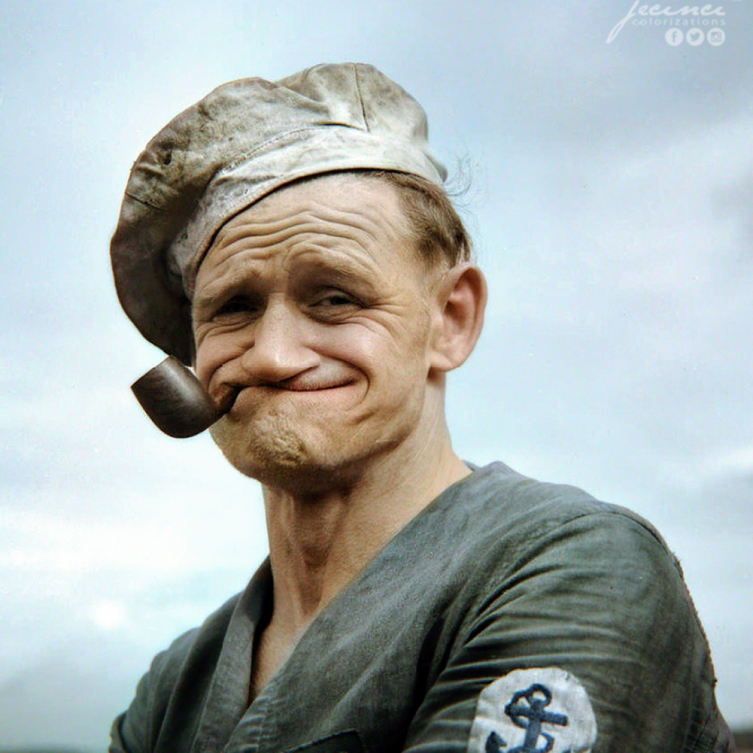 Colorized photo from 1940 of a stoker that was nicknamed &quot;Popeye&quot;